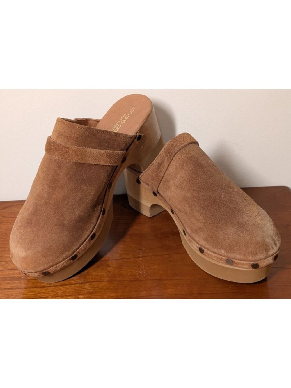 NEW Andre Assous Olivia Platform Suede Clog, Cognac, Women Size 8.5